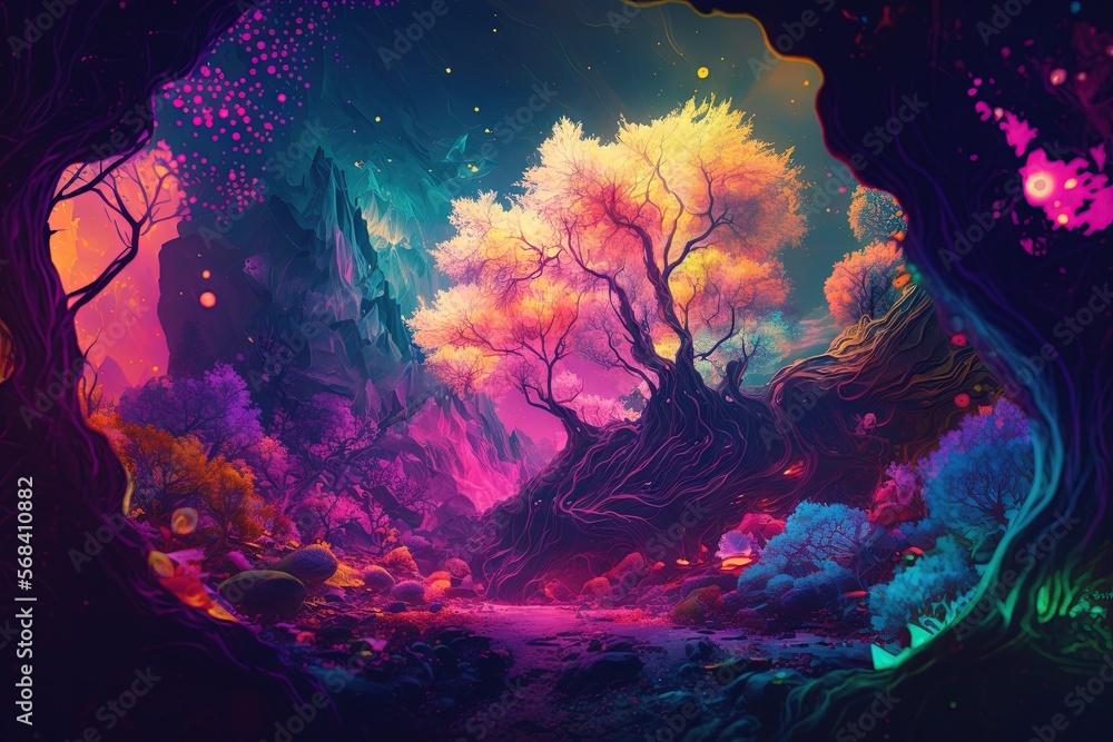 Poster a painting of a colorful forest with trees and a stream of water in the middle of the forest, with b
