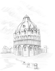 Architecture of Italy The Baptistery of St. John in the city of Pisa is an architectural monument of history. Pencil drawing on a white background hand drawn clouds in the sky travel Europe