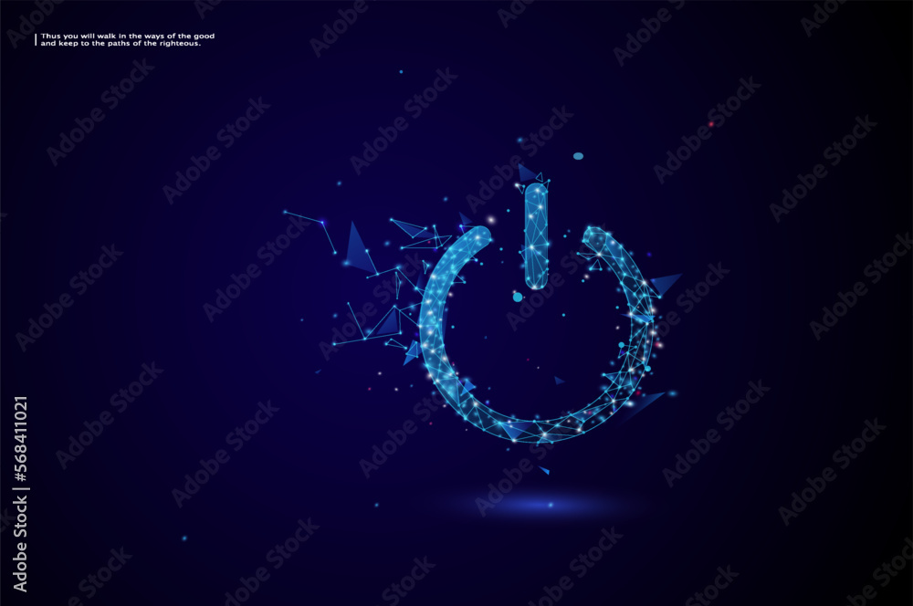 Poster abstract power button. low poly style design. geometric background. wireframe light connection struc