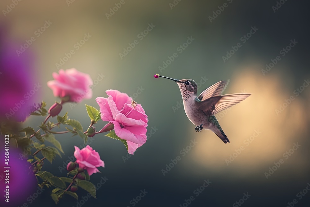 Poster  a hummingbird hovering over a pink flower with a blurry background of pink flowers in the foreground and a hummingbird in the foreground.  generative ai