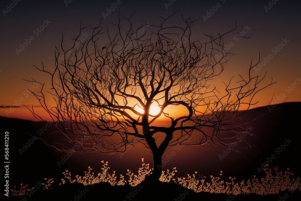 Poster a silhouette of a tree with the sun setting in the background and a silhouette of a tree with no lea