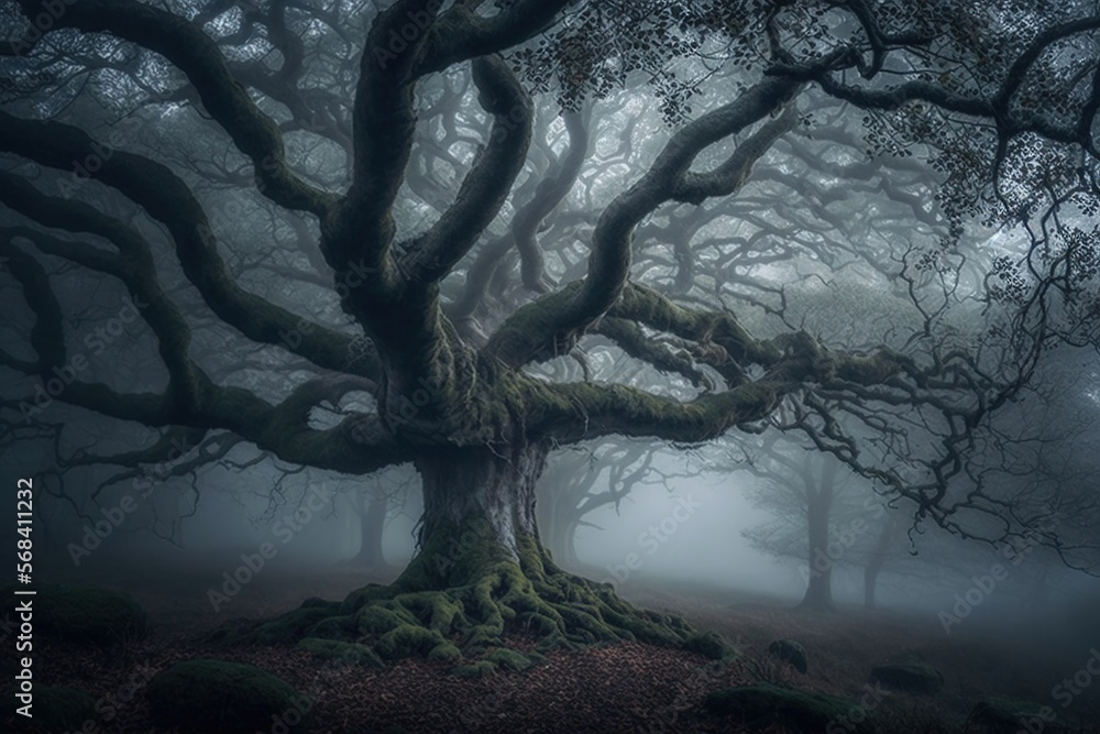 Poster an old tree in the middle of a foggy forest with lots of trees growing out of the ground in the midd