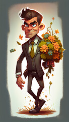 Cartoon character children book illustration, generative Ai, young businessman with flowers - 568411201