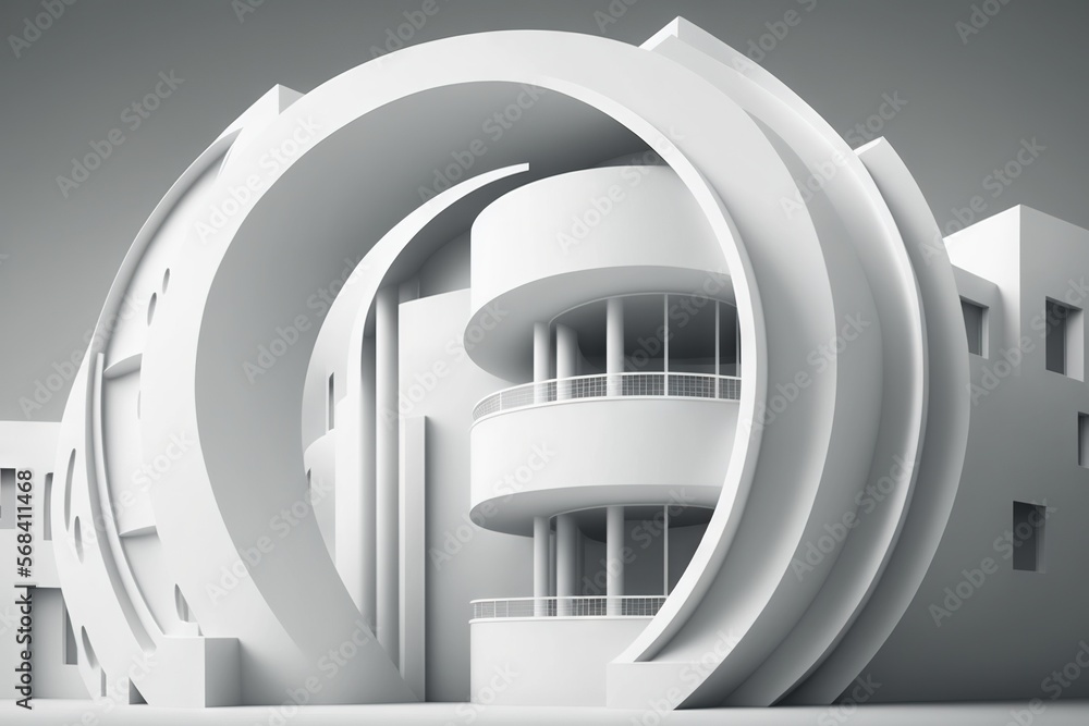 Poster a white building with a spiral design on the front of it's facade and balconies on the second floor 