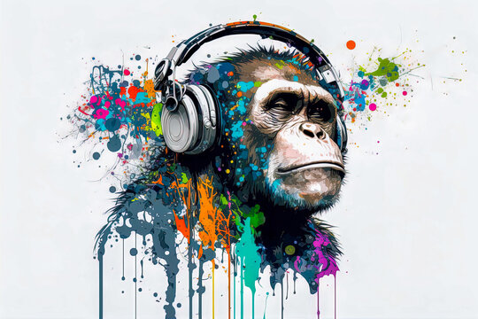 Cool monkey with headphones listening and enjoy music. colorful splash paints art. generated sketch art. Music and entertainment concept. 