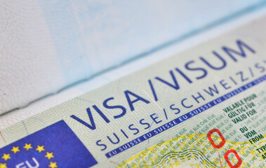 Close up of a Schengen visa  Switzerland ,Schengen is a permit to enter the country. for a short...