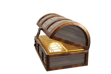 Gold bars or ingots are placed in a treasure chest. Box is made of old 3D rendering.	