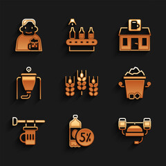 Set Wheat, Beer bottle, helmet, Ice bucket, Signboard with glass of beer, brewing process, Store building shop and Happy man icon. Vector