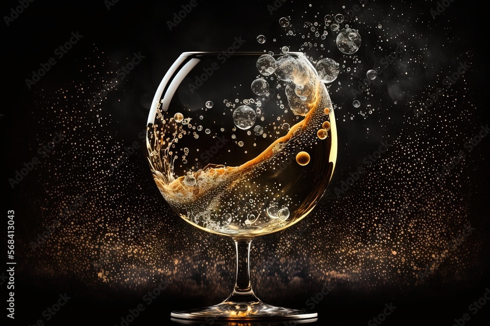 Poster a glass of wine with bubbles in it on a black background with a splash of water on the bottom of the