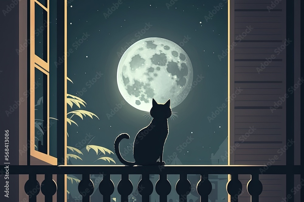 Poster a black cat sitting on a balcony looking out at the moon and trees outside of a window with a view o