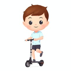 a cute cartoon character boy rides a scooter on a white background and blue t-shirt, digital painting. AI