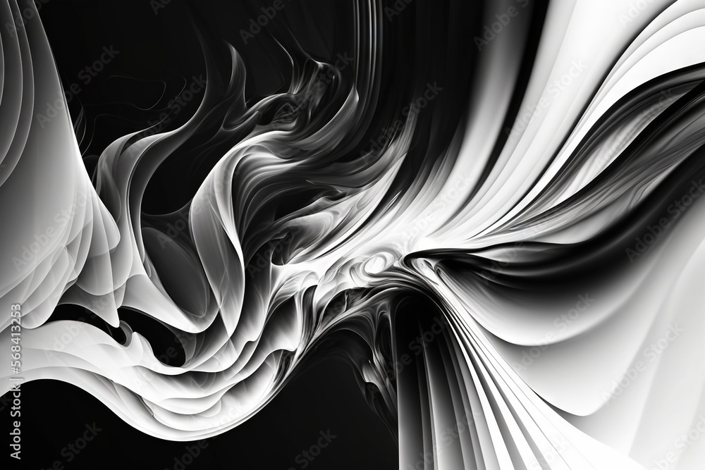 Poster a black and white abstract background with wavy lines and curves of white and black paint on a black