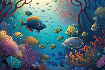 School of colorful fish swimming in coral reef surrounded by plants and other sea life, concept of Marine Ecosystem and Marine Biodiversity, created with Generative AI technology
