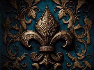 Fototapeta na wymiar A bronze color Fleur-De-Lis emblem and foliage ornament on a blue background. Created with Generative AI.