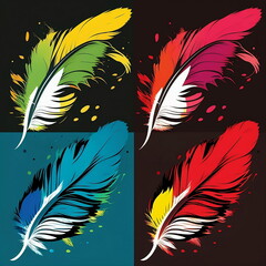 Four colorful feathers. Pop art illustration. Generative AI technology.