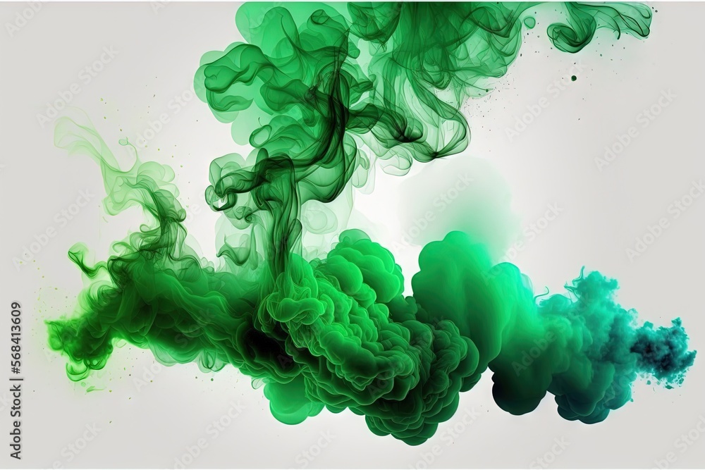Poster green smoke is floating in the air on a white background with a light reflection of the smoke in the