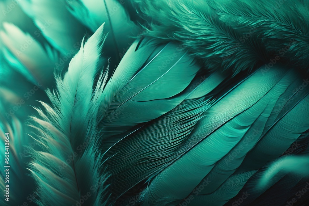 Poster a close up of a green and blue feather pattern on a wallpaper background with a blurry image of the 