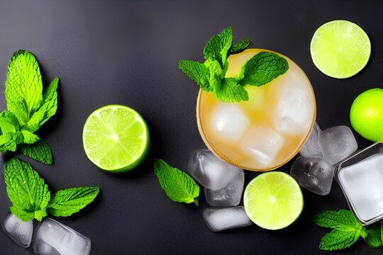Mai Tai cocktail, refreshing drink with white rum, liqueur, sugar syrup, lime juice, mint and crushed ice. Dark background, bar tools, copy space - generative ai