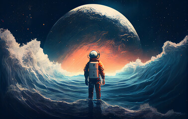 An astronaut standing on a wave, space art, sci-fi digital art