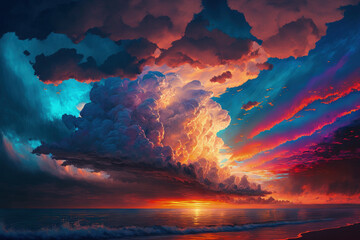 colorful clouds in a cloudscape at sunset close to the ocean. Generative AI