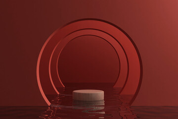 Fototapeta premium Minimal background for product presentation. 3d mock-up scene of a podium, arches and water in red and beige. 3d rendering.