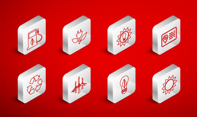 Set line Sun, Electric saving plug in leaf, Solar energy panel, Address book, Light bulb with, Bio fuel fueling nozzle, Wind turbines and Recycle symbol icon. Vector