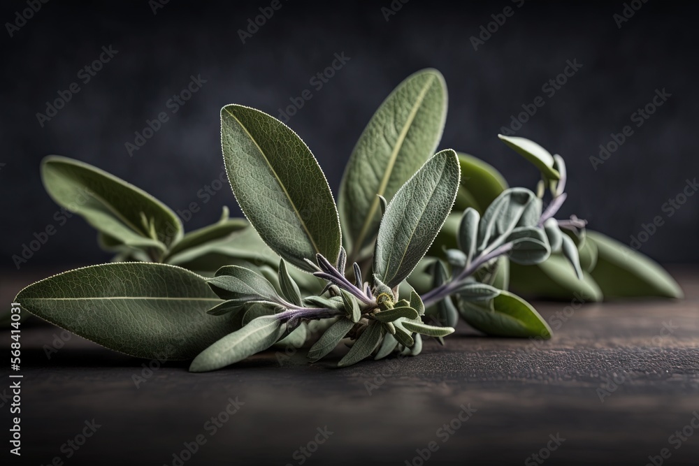 Poster a bunch of sage leaves on a table with a dark background with room for text or image to put on a pos