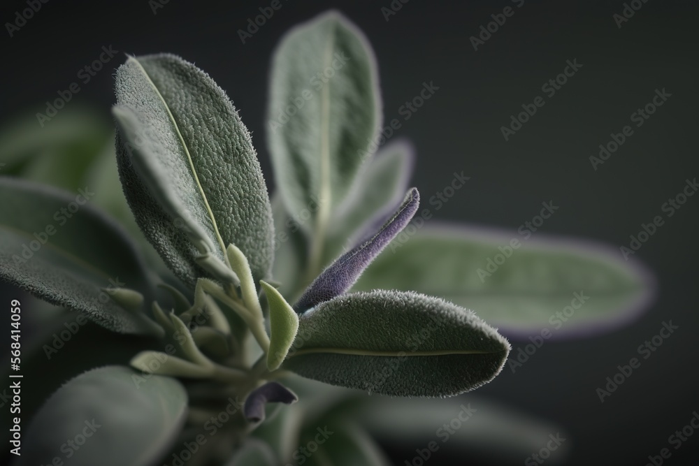 Poster a close up of a green plant with leaves on a black background with a blurry background behind it and