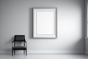 Empty frame by white wall with minimalistic furniture