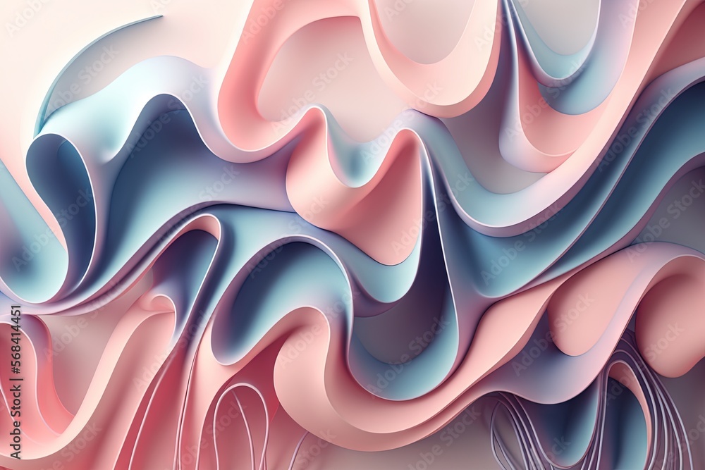 Poster a computer generated image of a wave of pink and blue colors on a light pink background, with a whit