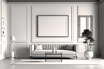 3d illustration of empty frame wall white modern interior living room - created with AI
