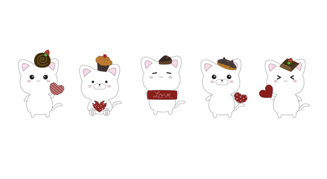 Set of white cats with hearts on white background vector illustration