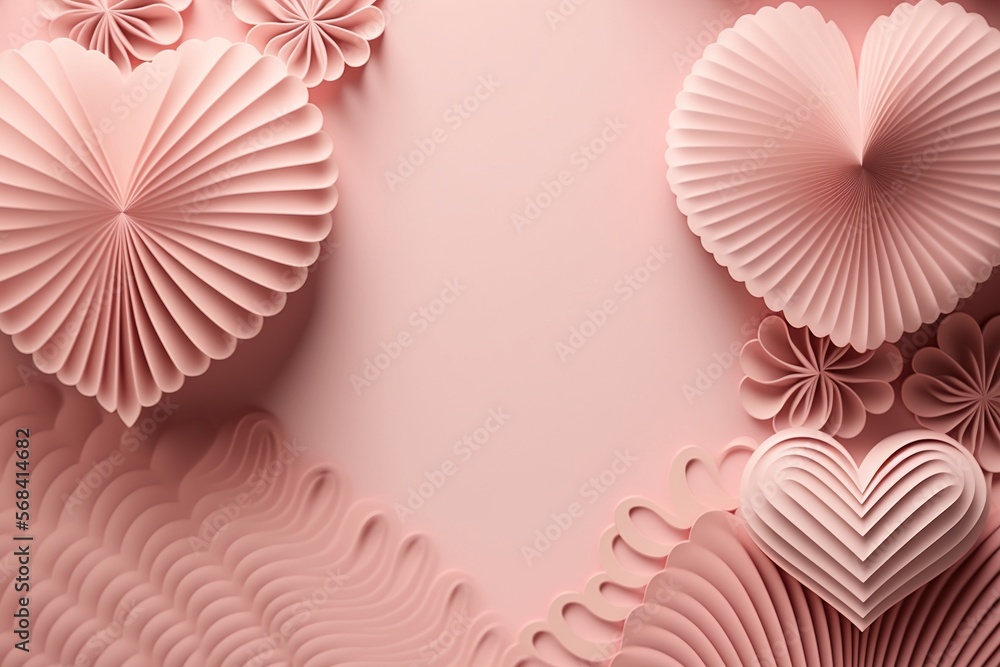 Aufkleber a pink background with paper hearts and a paper flower on the left side of the image and a paper hea