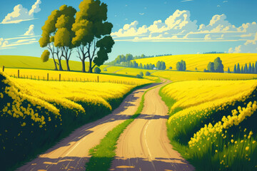 Rural road to rapeseed field. Rapeseed field road landscape. Agriculture field road. Road to rapeseed fields. Generative AI