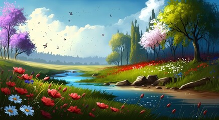 beautiful spring field landscape, flower blossom with bright light shine in day time, Generative Ai