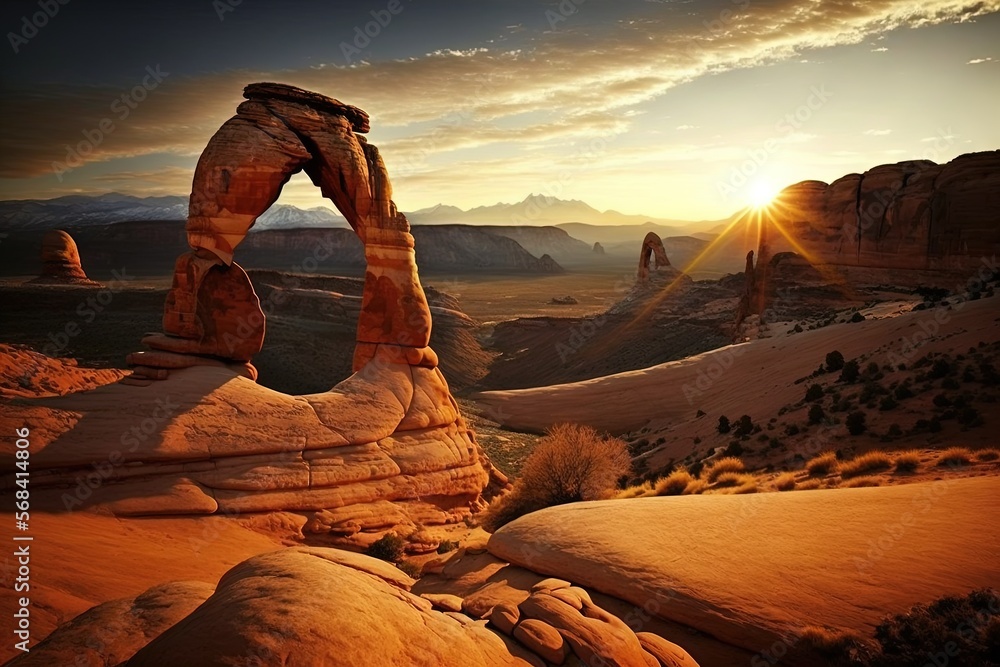 Poster the sun is setting over a desert landscape with a rock arch in the foreground and mountains in the b