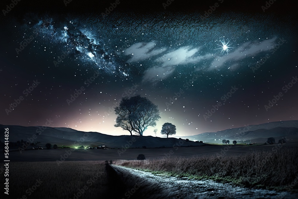 Poster a night sky with stars and a tree in the foreground and a path leading to a field with a path leadin
