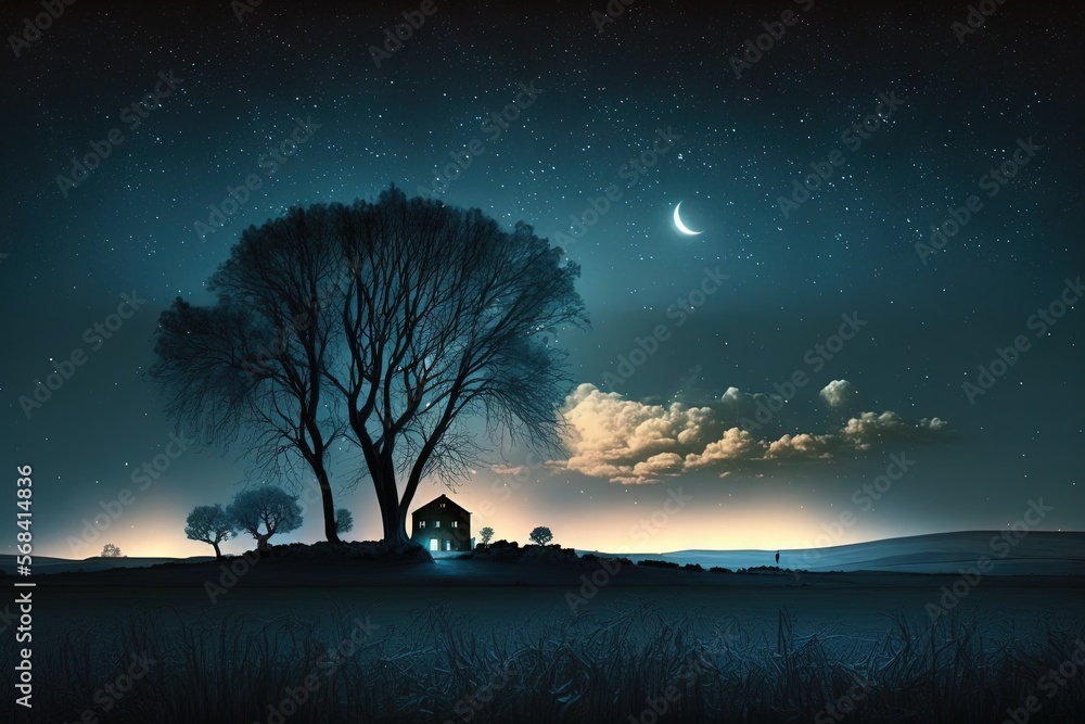 Poster a night scene with a tree and a house in the foreground and a crescent moon in the distance with a d