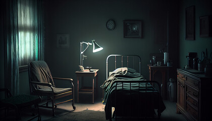 Euthanasia concept. Empty bed in old person room in nursing home. Generative AI - obrazy, fototapety, plakaty