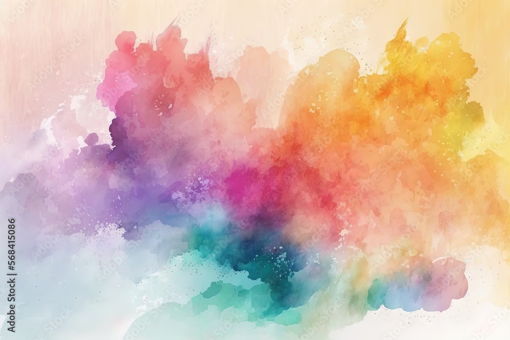 Poster an abstract painting of a colorful cloud of paint on a white background with a light brown backgroun