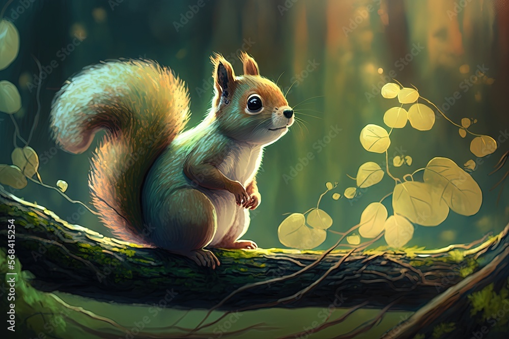 Poster a painting of a squirrel sitting on a tree branch in a forest with leaves on the ground and sunlight