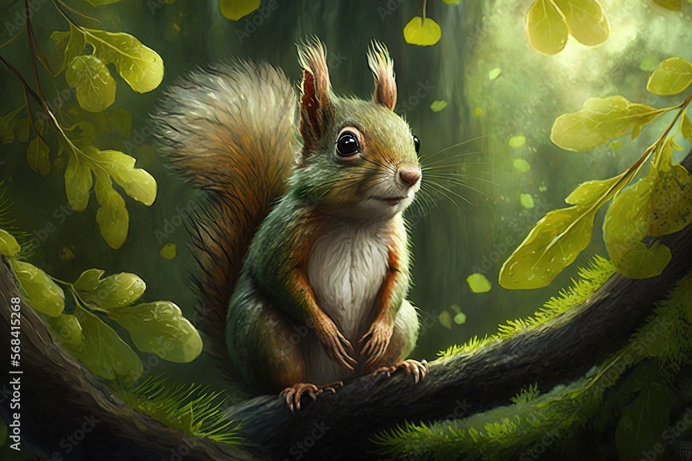 Poster a painting of a squirrel sitting on a tree branch in a forest with green leaves on the ground and a 