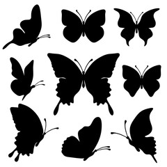 Set of silhouette black butterflies on white background. Vector