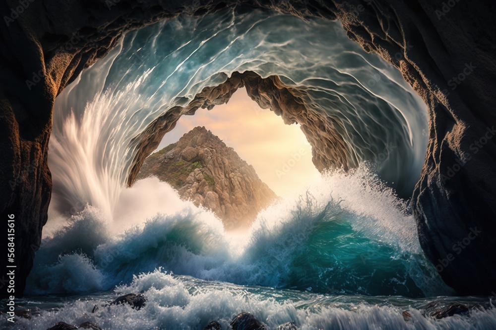 Poster a painting of a cave with a mountain in the distance and a wave crashing in front of the entrance to