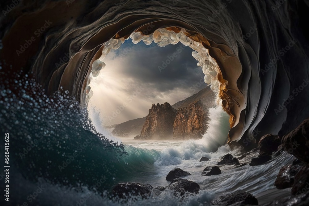 Poster a cave with a view of the ocean and mountains in the distance, with a light coming from the top of t
