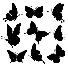 Set of silhouette black butterflies on white background. Vector - obrazy, fototapety, plakaty