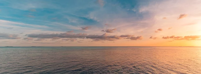 Foto op Aluminium Panoramic sea skyline beach. Amazing sunrise beach landscape. Panorama of tropical beach seascape horizon. Abstract colorful sunset sky light tranquil relax summer seascape freedom wide angle seascape © icemanphotos