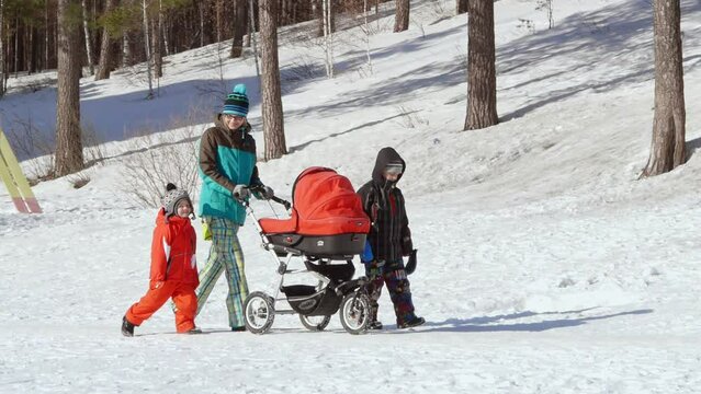 Young mother walking with children in winter park.
Mother carry the baby in a stroller through the snow.