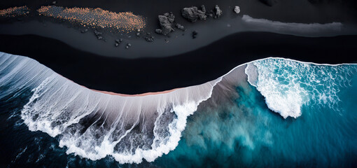 Panorama of black volcanic beach. Aerial view and top view. Beautiful natural backdrop. digital ai art - obrazy, fototapety, plakaty