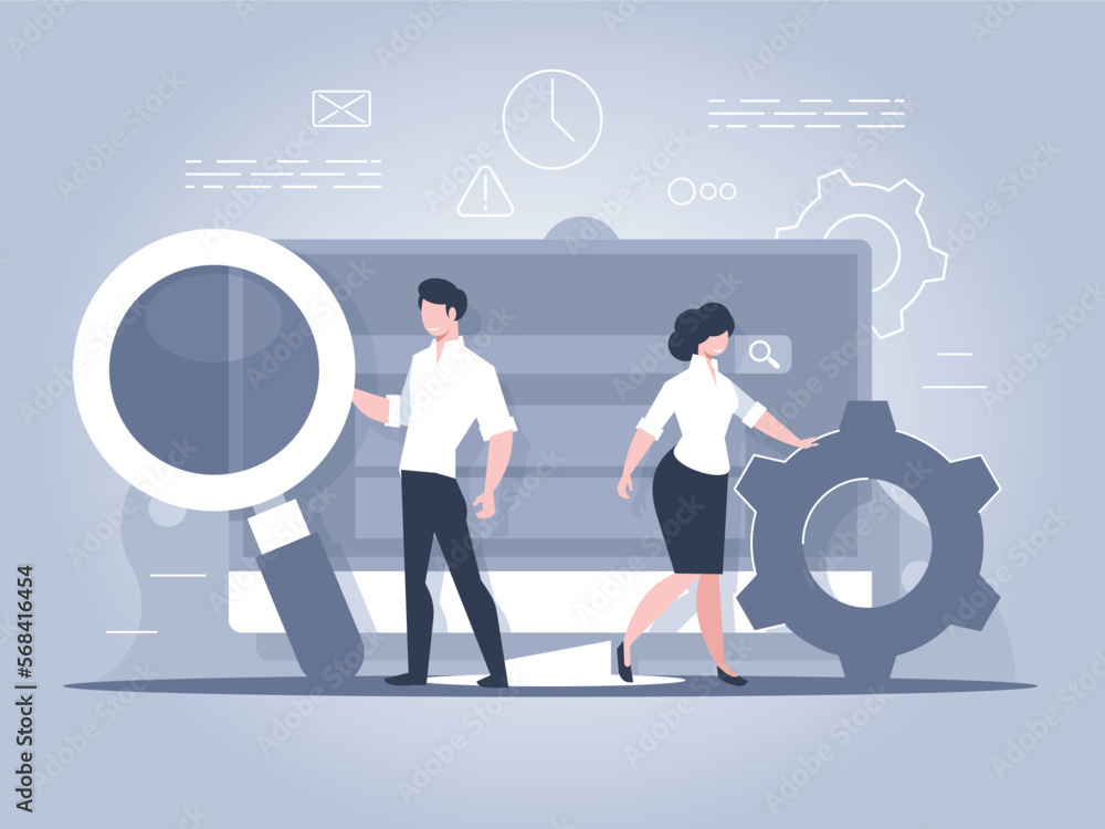 Poster search engine optimization. search and analysis of data. web analytics. vector illustration
